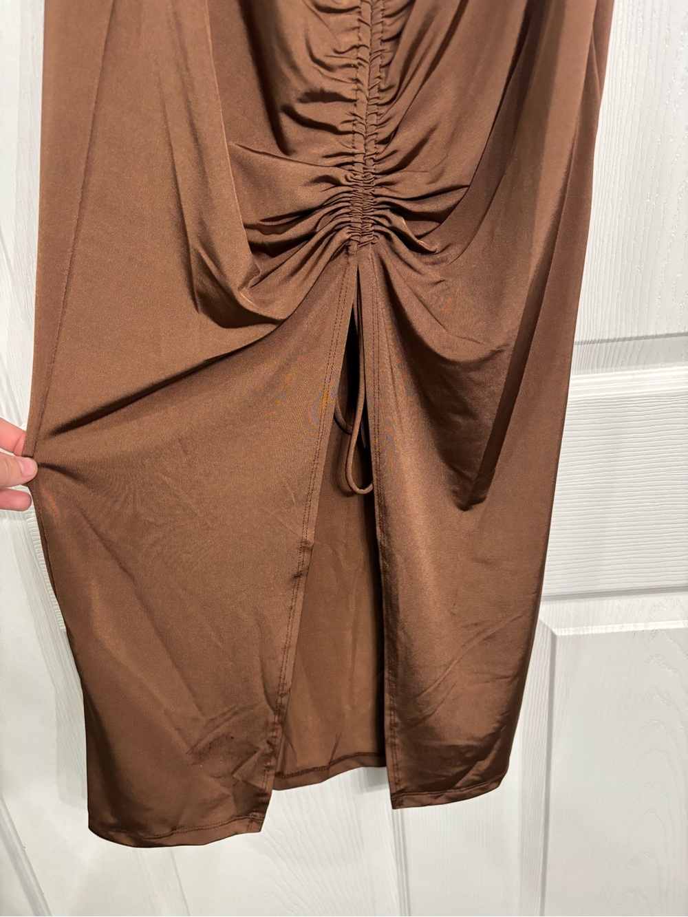 Lovely Day Brown Ruched Cutout Midi Dress - Picture 5 of 5